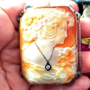 HUGE Antique Victorian 14k White Gold, Shell Cameo